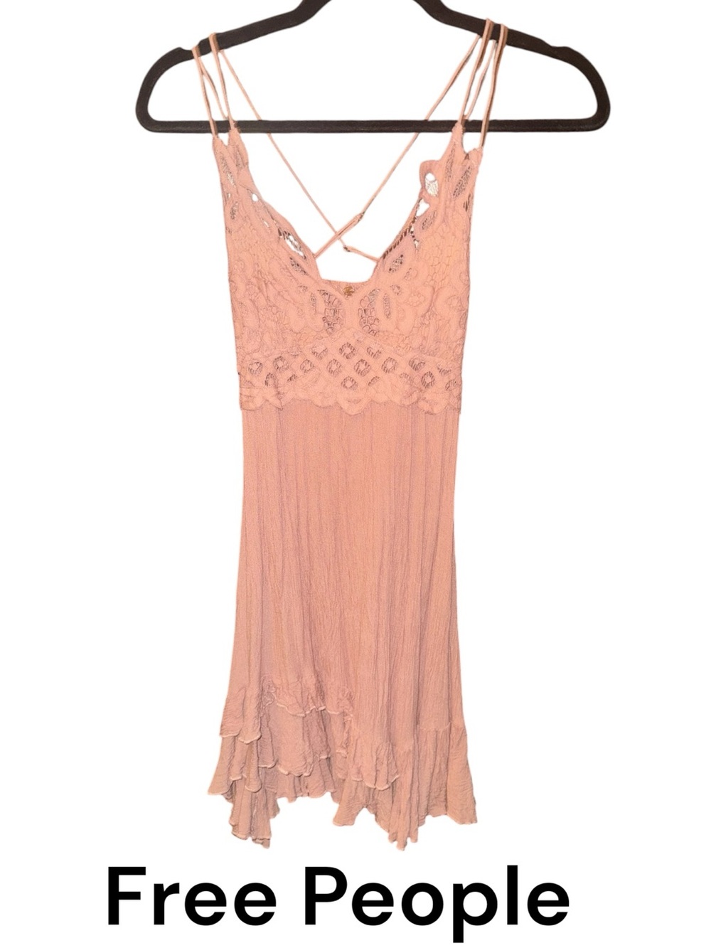 Free People Peach Lace-Detail Slip with Ruffle Hem